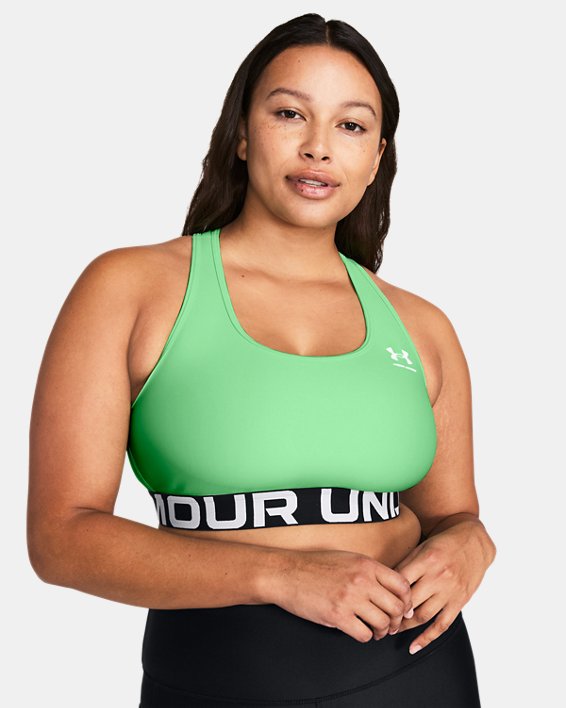 Women's HeatGear® Armour Mid Branded Sports Bra, Green, pdpMainDesktop image number 4